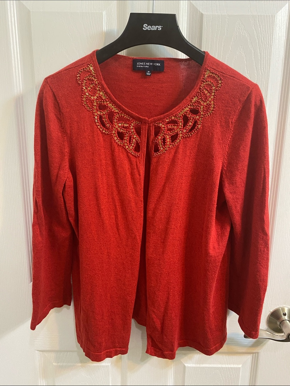 Jones New York Signature Holiday open front beaded red linen cardigan Medium